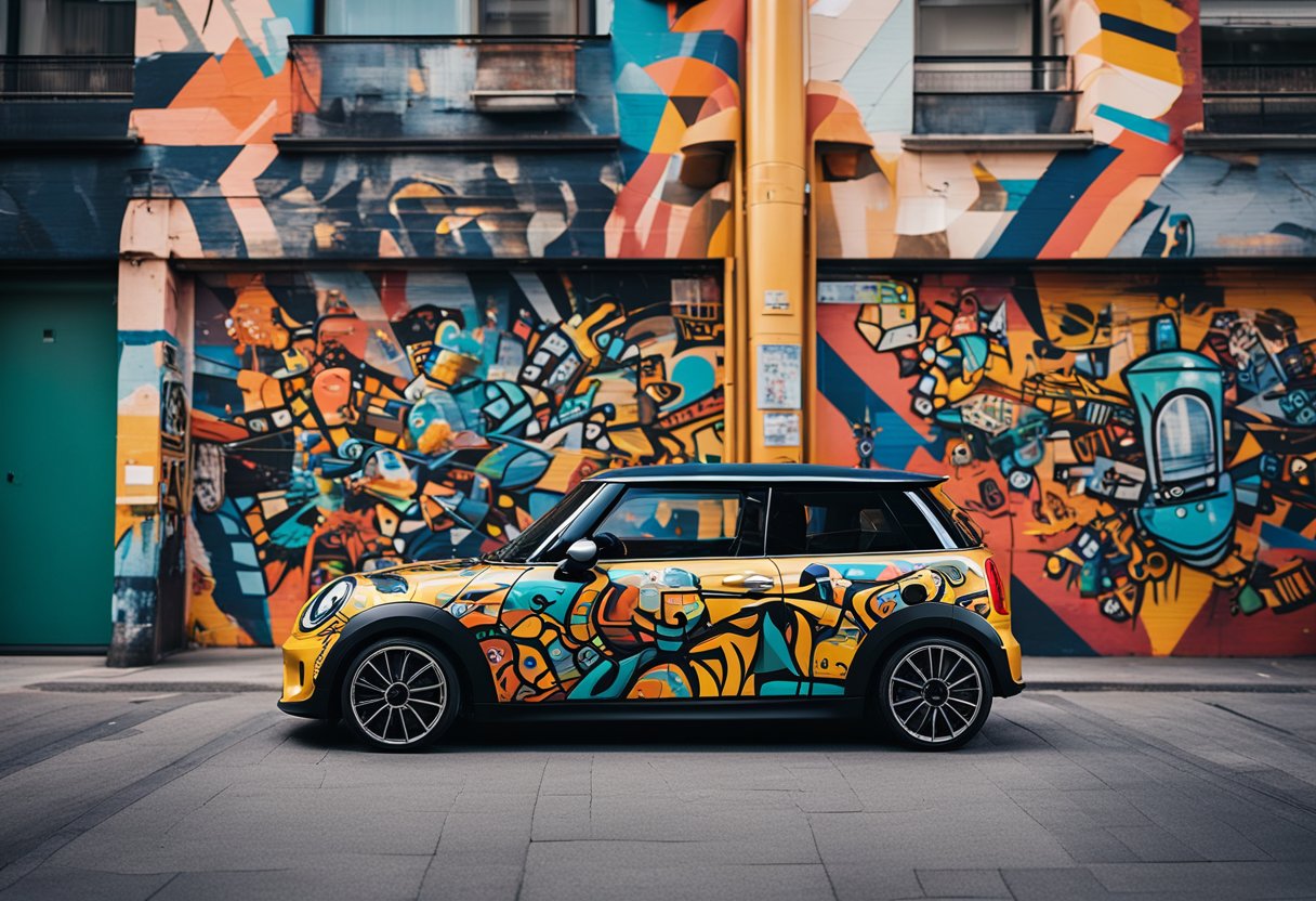 A Mini SE surrounded by vibrant street art, with bold colors and dynamic designs, capturing the electrifying collaboration with street artists