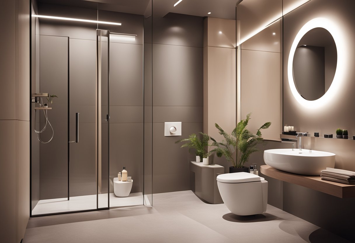 A modern female toilet with sleek fixtures, soft lighting, and elegant decor. Feminine color scheme and comfortable seating