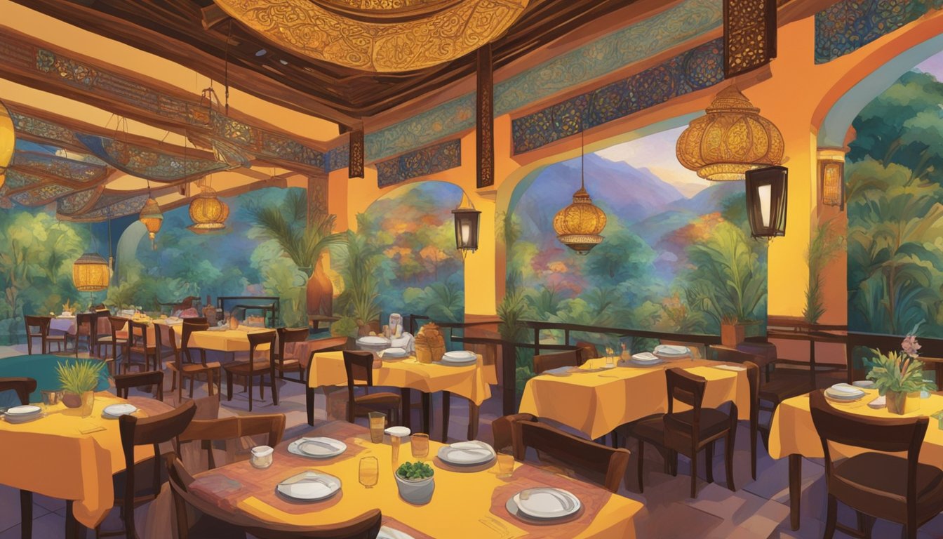 The Aisyah restaurant bustles with diners enjoying aromatic dishes and vibrant decor. Aromas of exotic spices fill the air, while colorful tapestries adorn the walls