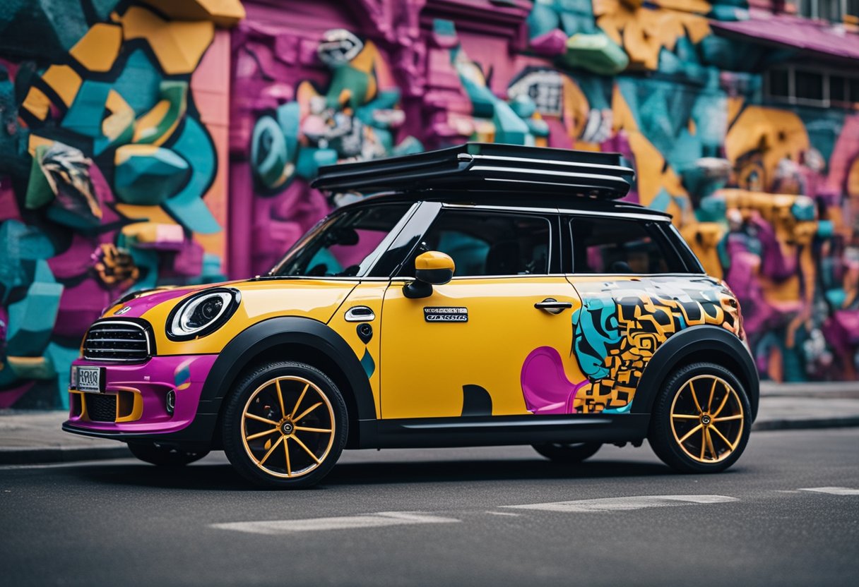 Mini car surrounded by vibrant street art, with artists adding bold colors and dynamic designs to reimagine the SE icon