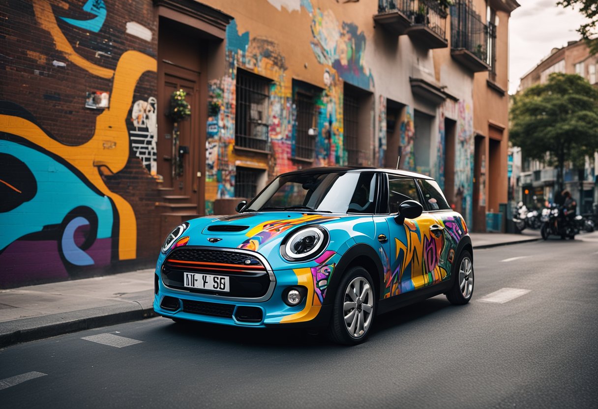 The Mini SE electric car surrounded by vibrant street art, with graffiti artists adding colorful designs to the vehicle's exterior