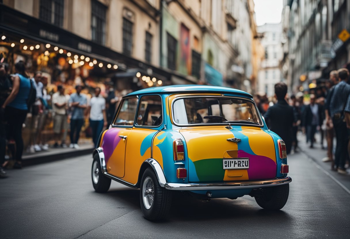 Mini car surrounded by vibrant street art, with crowds admiring the collaboration. Lights and music create an electrifying atmosphere