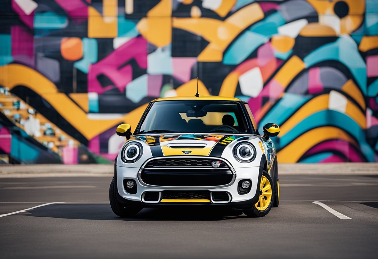 A Mini car surrounded by vibrant street art, showcasing sustainability and innovation. Electric power charges the iconic vehicle, symbolizing a collaboration between Mini and street artists to reimagine the SE model