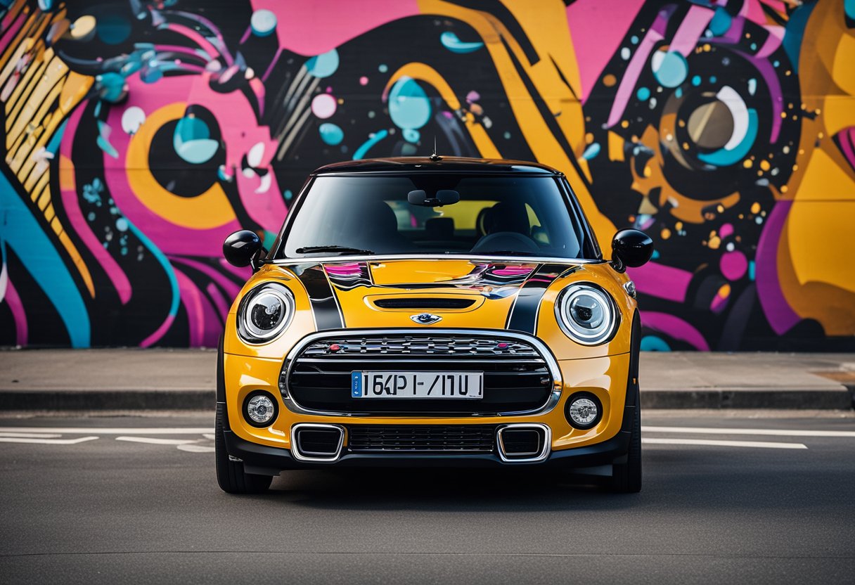 Vibrant street art adorns the sleek Mini SE, sparking a surge of energy and creativity. Bright colors and dynamic patterns electrify the iconic car, capturing the essence of collaboration and innovation