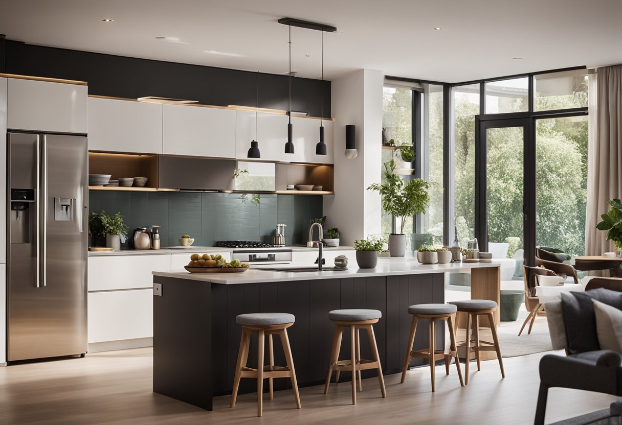A cozy open plan kitchen flows seamlessly into a stylish living room. The kitchen features modern appliances and a sleek island, while the living room boasts comfortable seating and a chic decor scheme