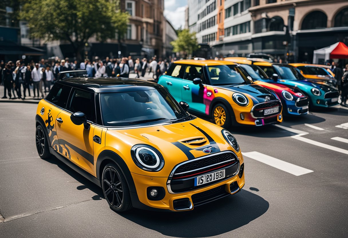 Mini's SE model is surrounded by vibrant street art, with cameras flashing and crowds gathering to witness the collaboration between the car brand and urban artists