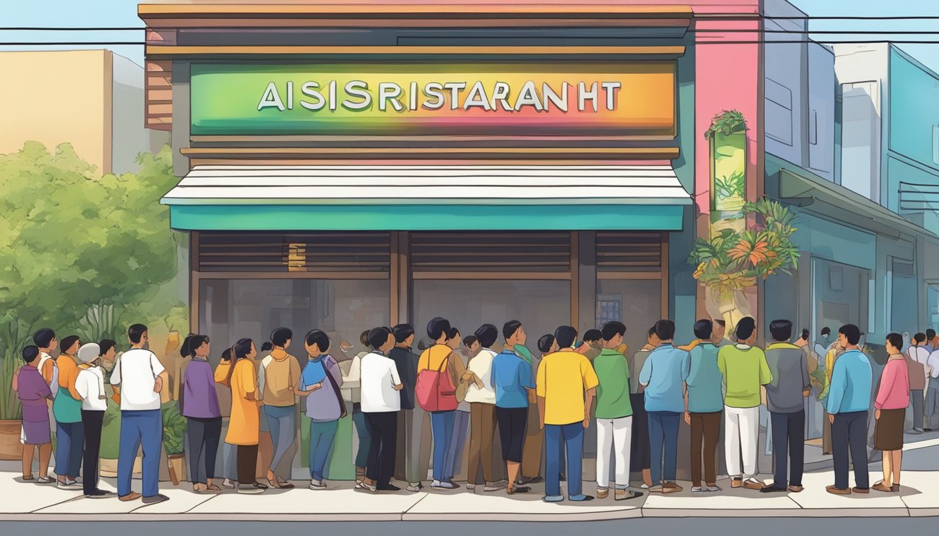 Customers line up outside Aisyah restaurant, eagerly awaiting their turn to enter. The colorful sign and inviting aroma draw in passersby