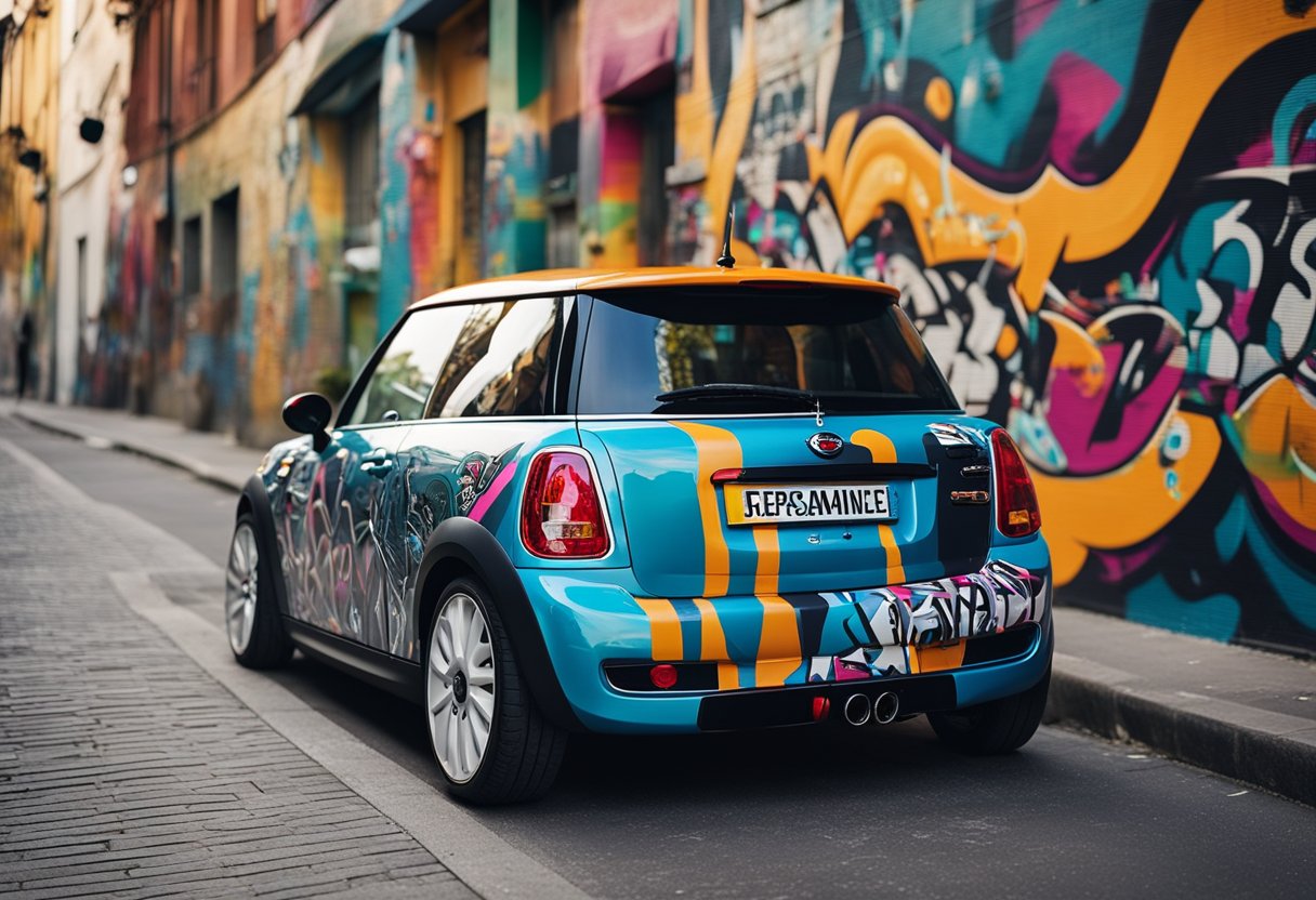 A Mini car parked on a city street, surrounded by vibrant street art. Electric cables and graffiti merge to reimagine the SE logo