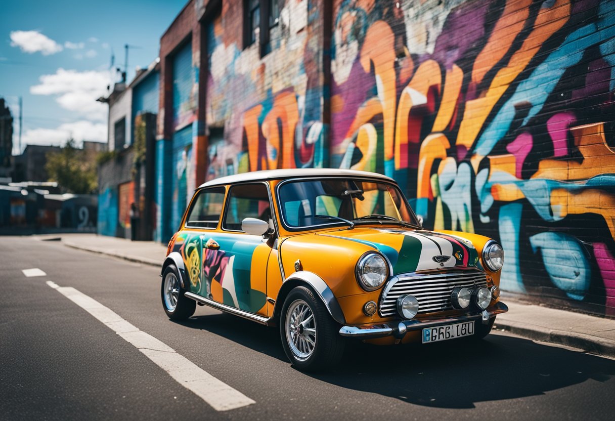 A vibrant city street, with a Mini Cooper parked in front of a graffiti-covered wall. Bright colors and bold designs bring the iconic car to life