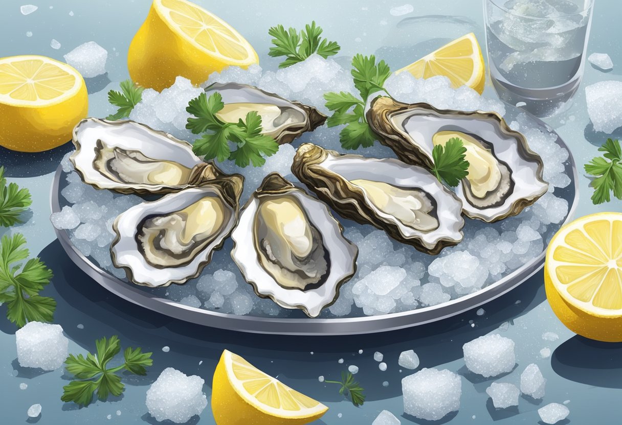 A platter of freshly shucked oysters on ice, garnished with lemon wedges and sprigs of parsley, surrounded by a scattering of sea salt