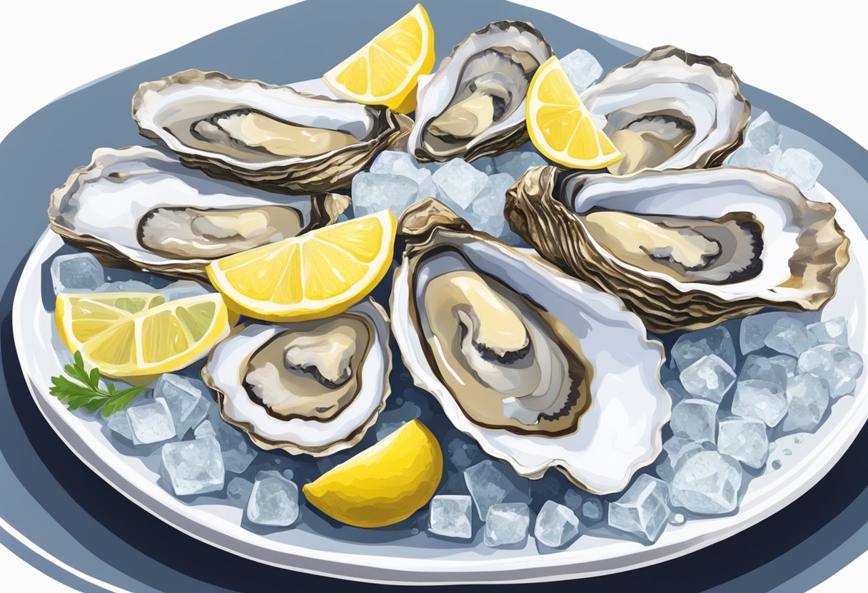 A platter of fresh oysters on ice, surrounded by lemon wedges and a small dish of mignonette sauce