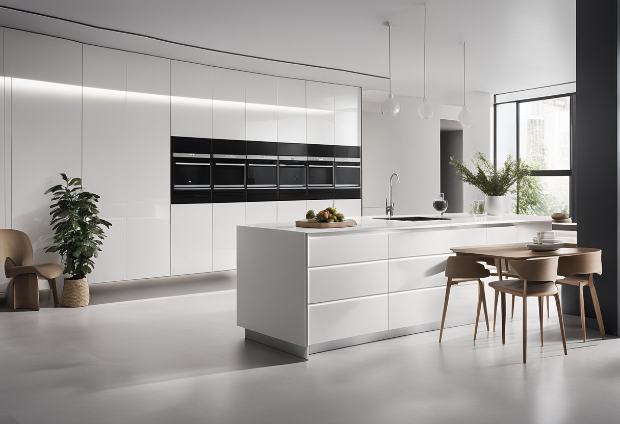 A sleek, modern white kitchen with minimalist cabinet designs and innovative storage solutions
