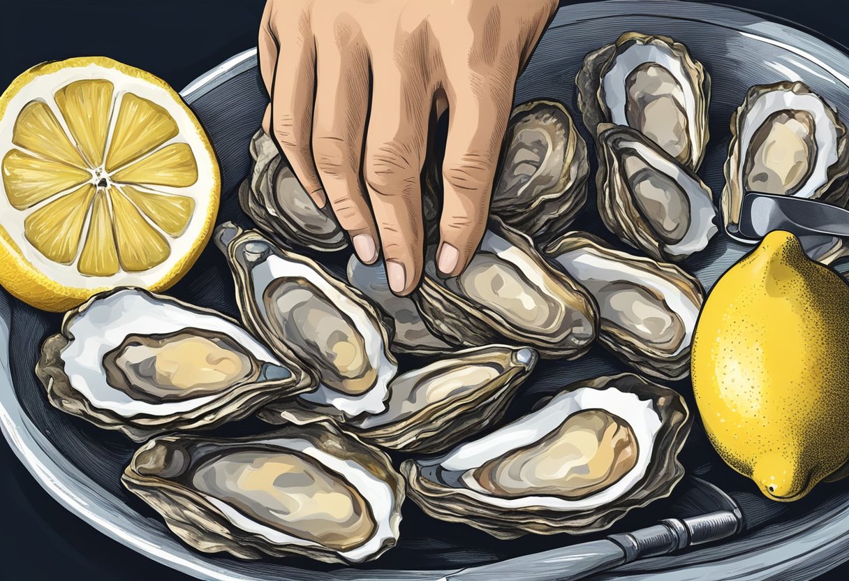 A hand reaches for a fresh oyster, shucking knife poised. Lemon slices and a bowl of mignonette sit nearby