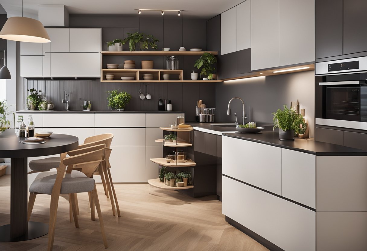 A compact kitchen with clever storage solutions, foldable furniture, and a minimalist design to maximize space in a 50 sq ft area