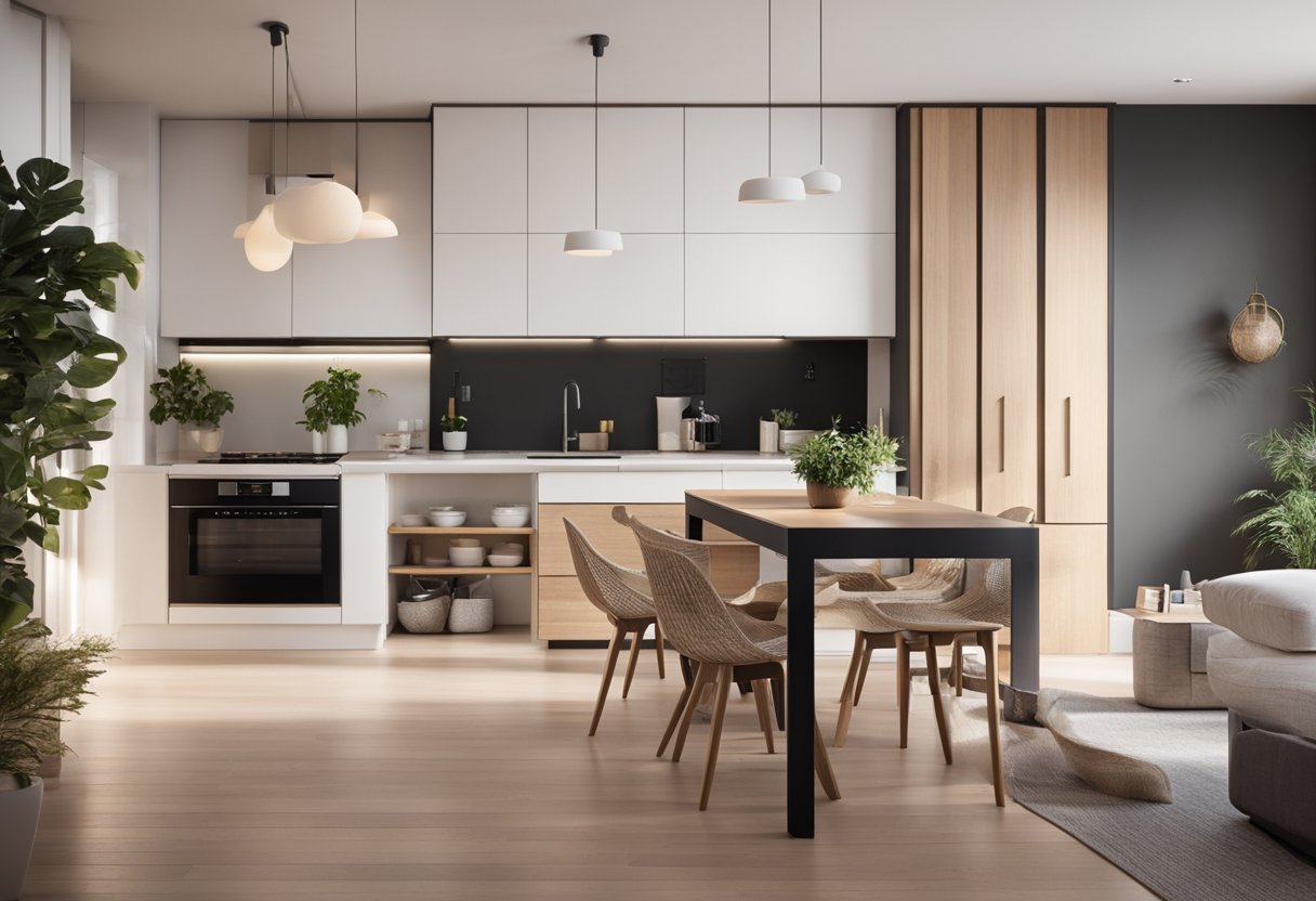 A small open kitchen flows into a cozy living room, featuring modern style and minimalist decor. The space is bright, with natural light streaming in through large windows, creating a warm and inviting atmosphere