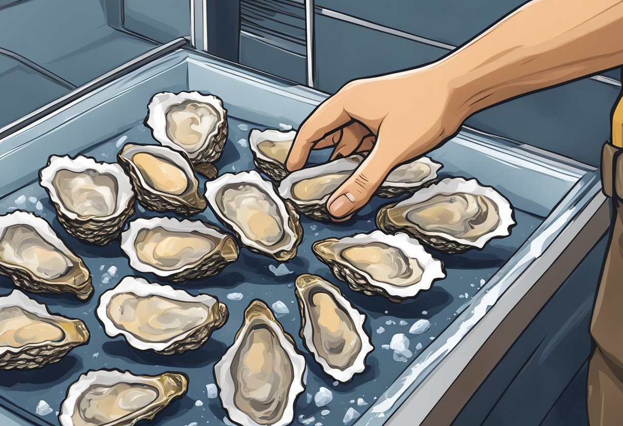 A hand reaches into a freezer, grabbing a bag of frozen oysters. The oysters are then thawed and shucked, ready to be used in a recipe