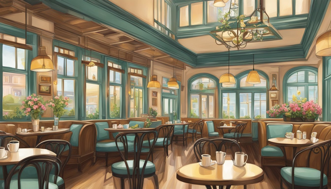 The cozy Tiffany café and restaurant is filled with warm light, vintage decor, and bustling activity. Tables are adorned with fresh flowers, and the aroma of freshly brewed coffee fills the air