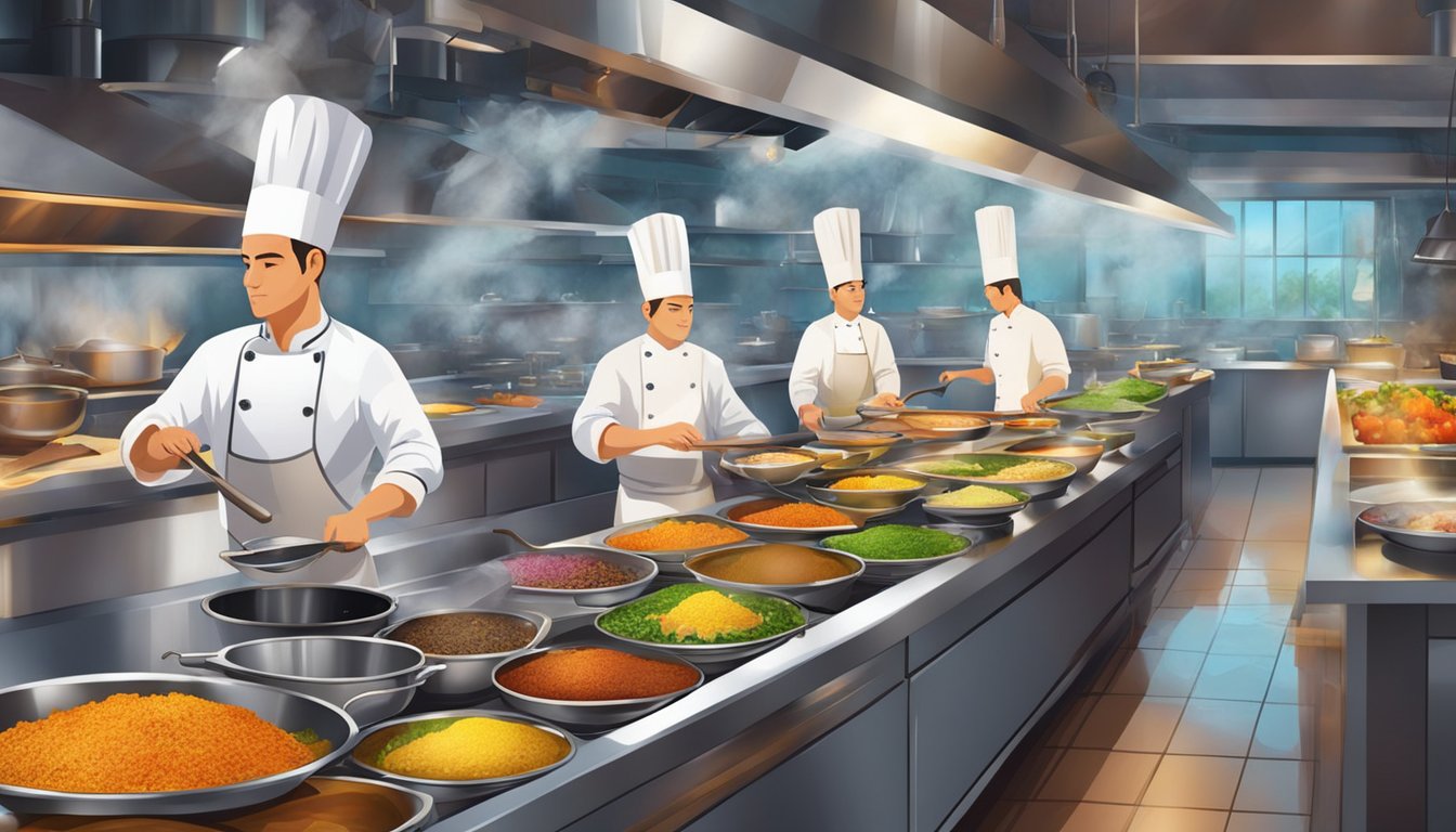 A bustling restaurant kitchen with chefs preparing colorful and aromatic dishes. The air is filled with the sound of sizzling pans and the tantalizing aroma of spices and herbs
