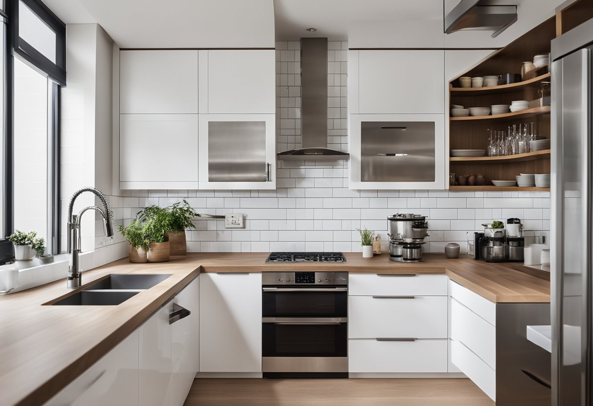 A clean, modern kitchen with white cabinets, sleek hardware, and ample storage space. The cabinets are neatly organized and labeled, creating a sense of order and efficiency in the space
