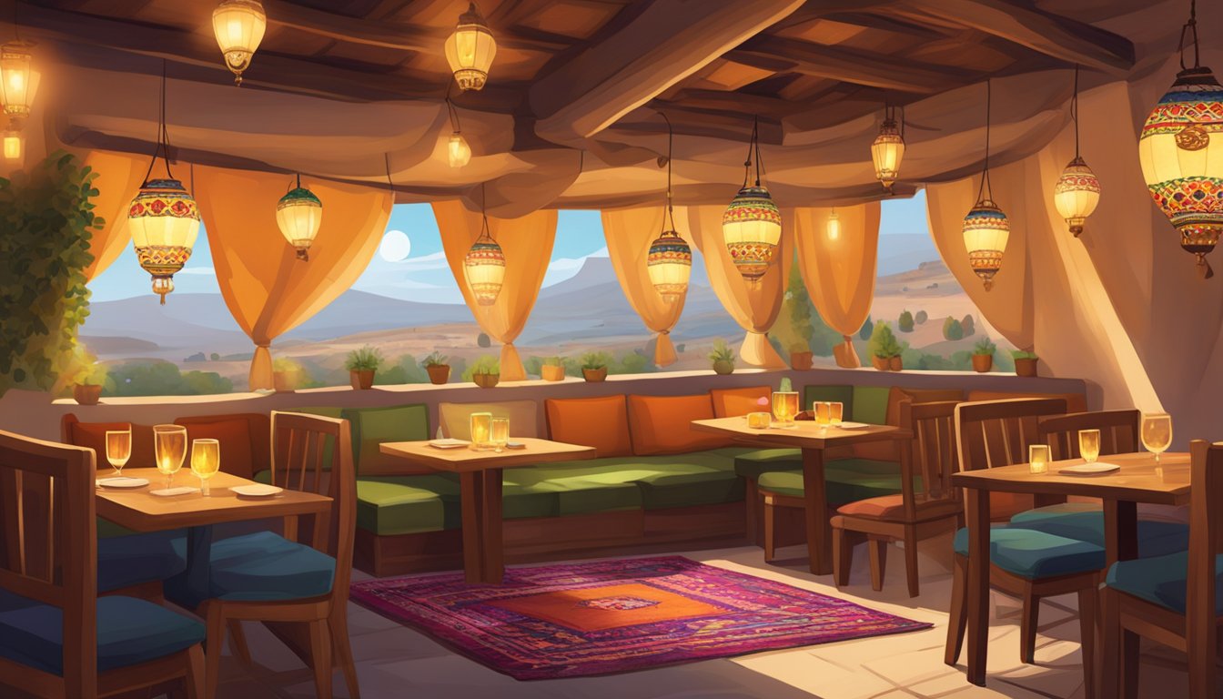 A cozy restaurant nestled in Cappadocia, with colorful Turkish rugs, low tables, and cushions for seating. Lanterns hang from the ceiling, casting a warm glow over the space