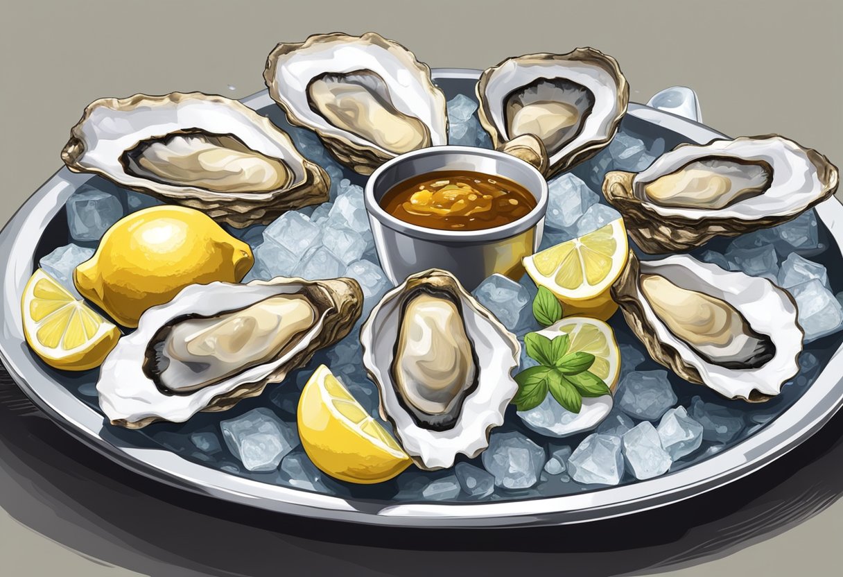 A platter of fresh oysters on ice, surrounded by lemon wedges and a variety of dipping sauces. A chef's knife and oyster shucking tool nearby