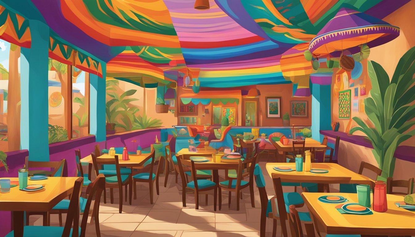 Colorful interior with vibrant murals, sombreros on the walls, and tables set with bright, patterned tablecloths at the Cha Cha Cha Mexican restaurant