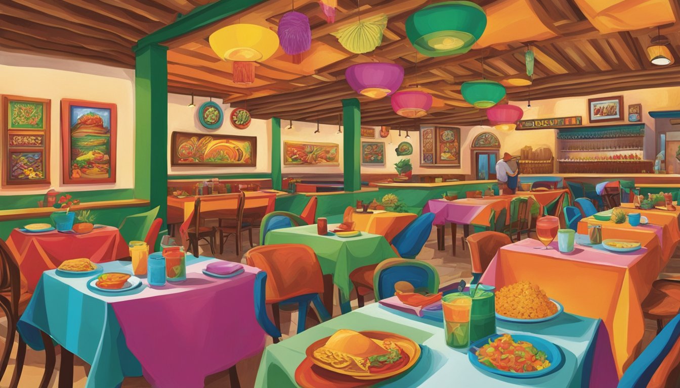 The bustling Mexican restaurant is filled with colorful decor, lively music, and the aroma of sizzling spices. Tables are adorned with vibrant tablecloths and plates of mouthwatering dishes