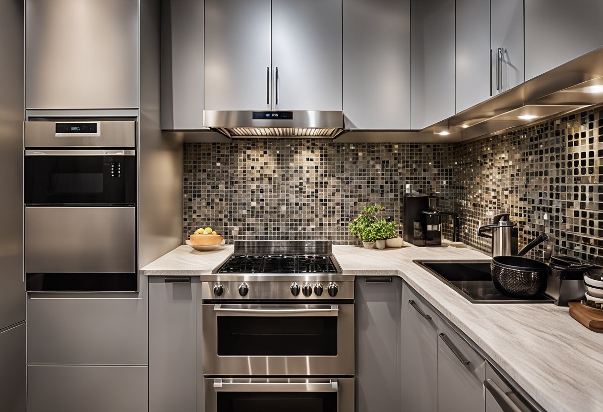 A modern 50 sq ft kitchen with sleek cabinets, granite countertops, stainless steel appliances, and a mosaic tile backsplash