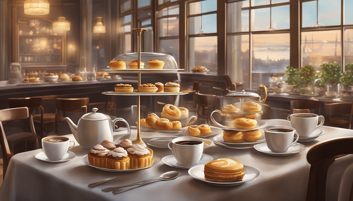A bustling café with elegant table settings, a display of decadent pastries, and steaming cups of coffee. The atmosphere is sophisticated and inviting, with soft lighting and the sound of clinking dishes