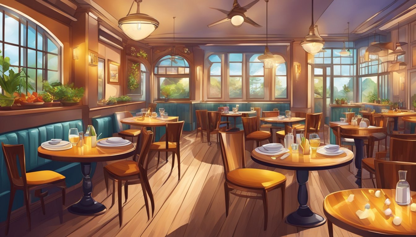 The restaurant buzzes with warm lighting and lively chatter. Tables are set with gleaming cutlery and colorful dishes. The aroma of spices and sizzling food fills the air