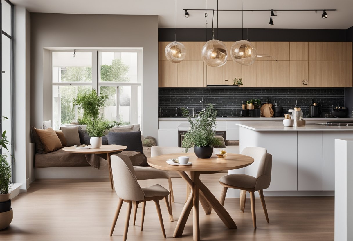 A cozy open kitchen and living room blend seamlessly, with a small dining area and minimalist decor. Natural light floods the space, creating a warm and inviting atmosphere