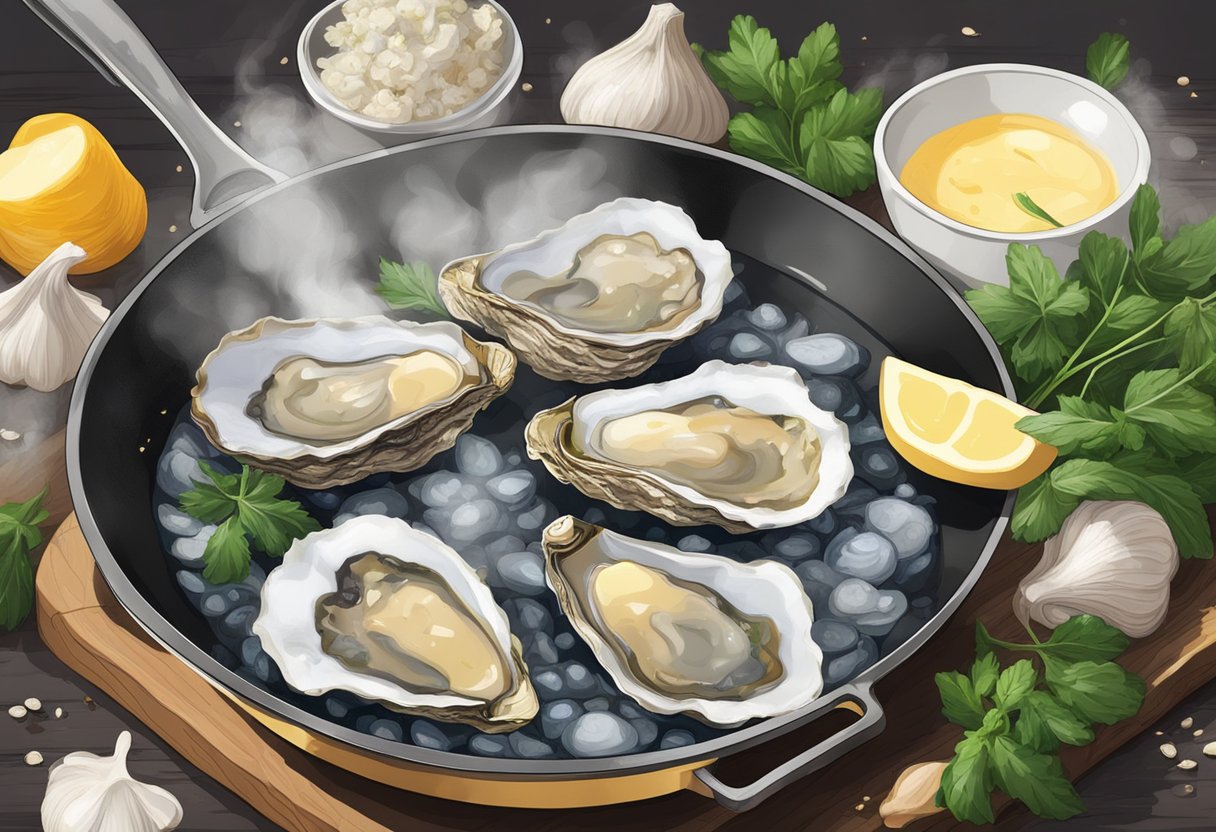 Oysters sizzling in a hot pan, surrounded by garlic, butter, and herbs. Steam rising as they cook to perfection