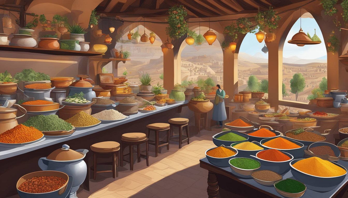 A bustling Cappadocia restaurant with colorful spices, steaming pots, and a variety of fresh ingredients on display. The aroma of sizzling meats and exotic herbs fills the air