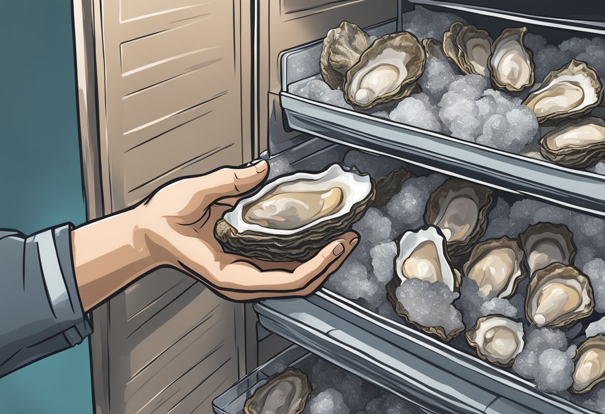 A hand reaching into a freezer to grab a bag of frozen oysters