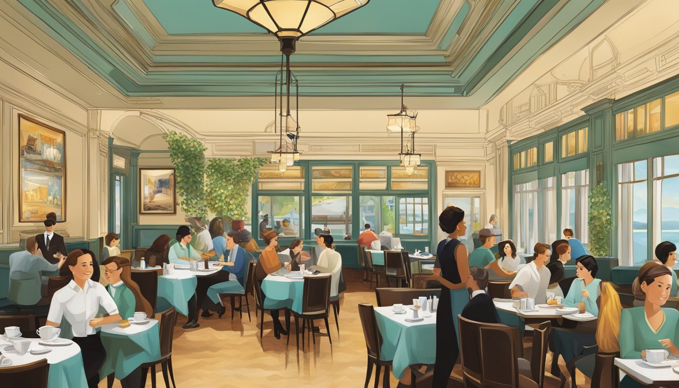 The bustling tiffany café and restaurant, filled with patrons enjoying meals and conversations, with waitstaff hurriedly serving tables and a warm, inviting atmosphere
