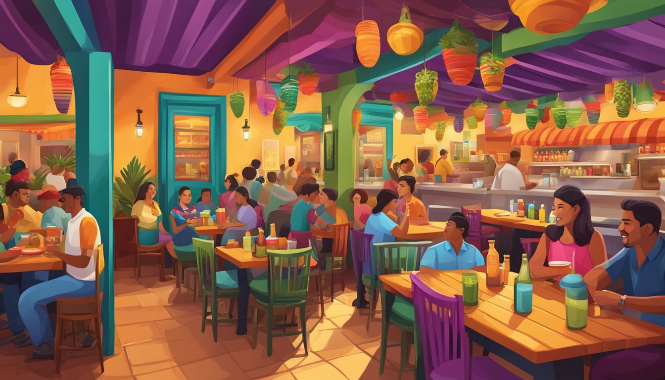 A vibrant Mexican restaurant with a lively atmosphere, colorful decor, and a bustling crowd enjoying delicious food and drinks