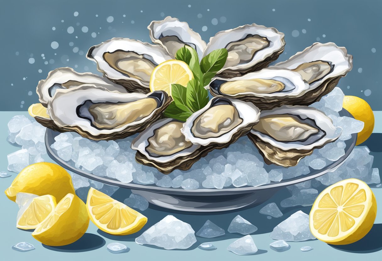 A pile of fresh oysters on a bed of ice, surrounded by lemon wedges and a small dish of mignonette sauce