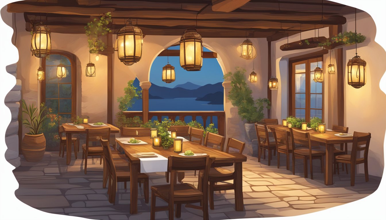 The warm glow of hanging lanterns illuminates the cozy dining area, with rustic wooden tables and chairs set against stone walls adorned with traditional Turkish tapestries
