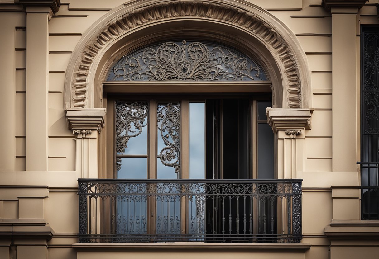 A balcony door with intricate ironwork and a large arched window with decorative trim