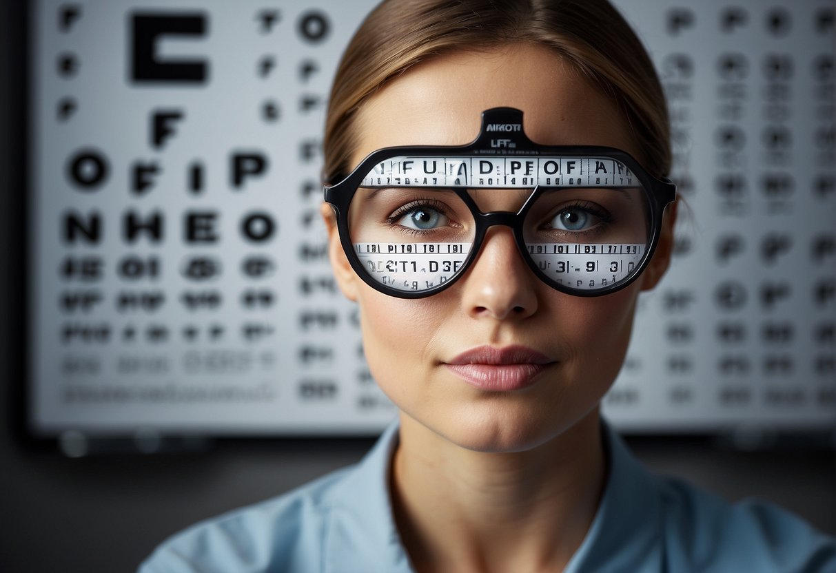 A person sitting in a chair facing an eye chart, while an optometrist uses various tools to examine their eyes