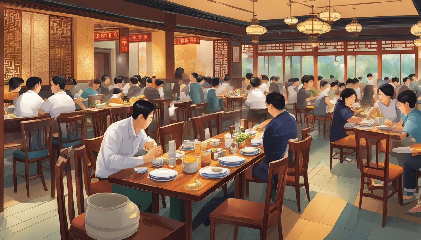 A bustling Beijing restaurant with traditional decor and lively atmosphere