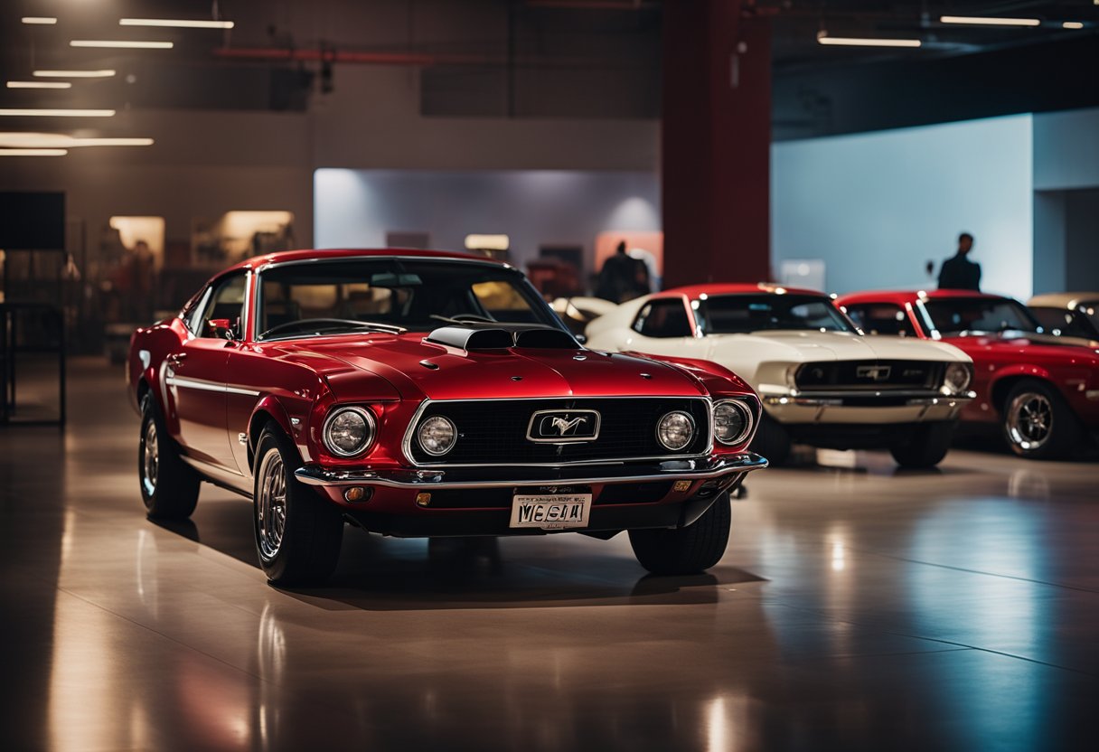 A red Mustang Mach-E sits alone in a dimly lit museum, surrounded by classic muscle cars