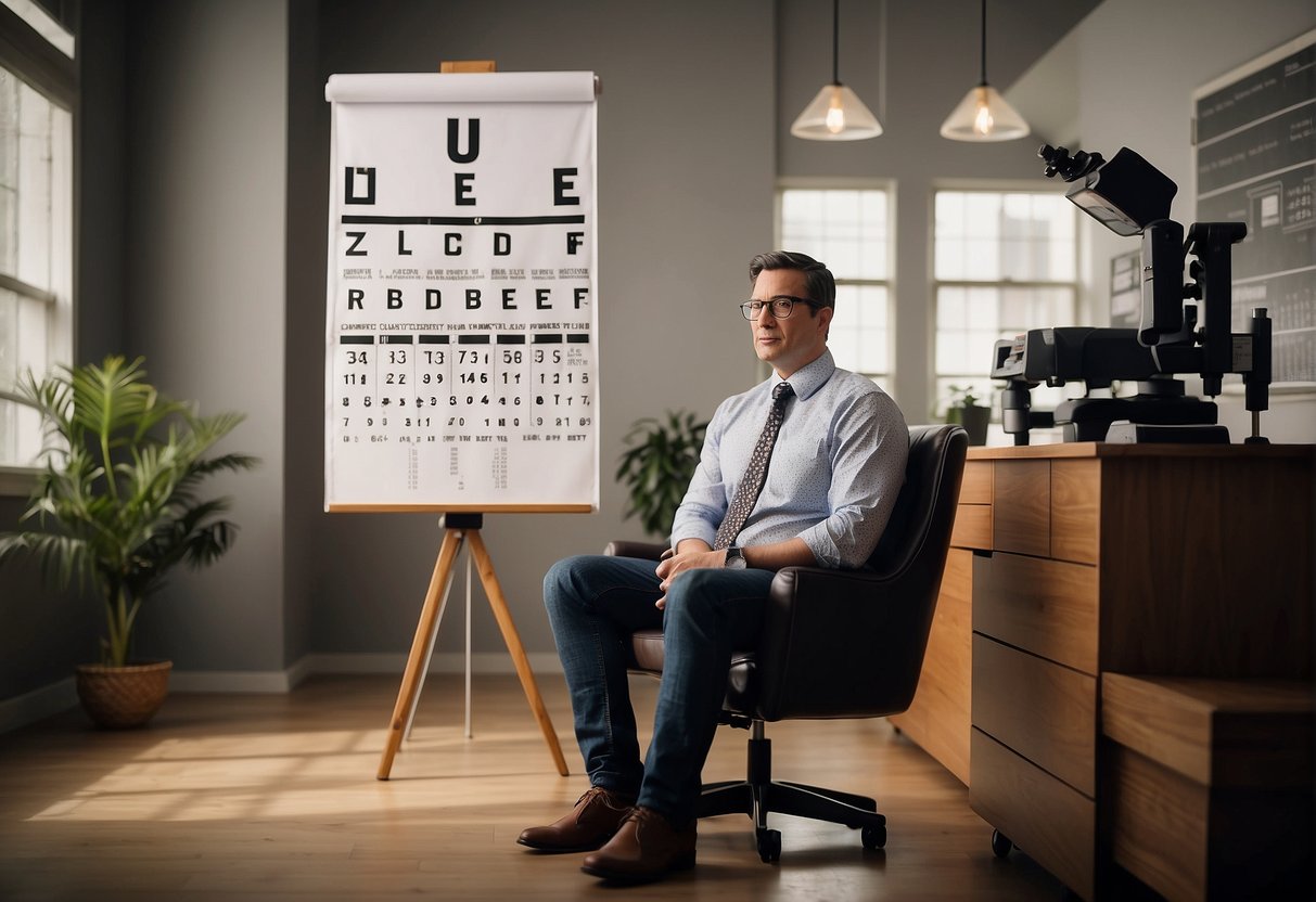 A person sitting in a chair facing an eye chart with various lenses and equipment on a table nearby