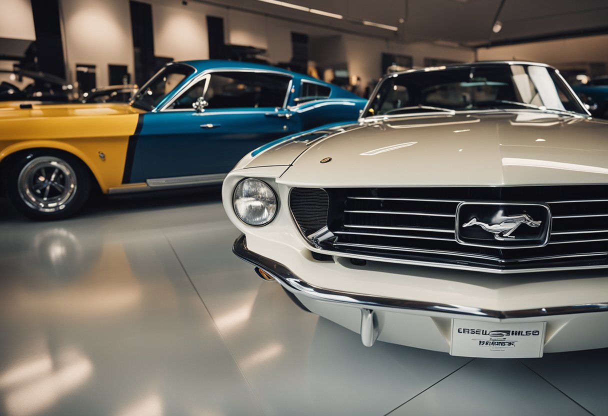 A vintage Mustang sits in a museum, next to the sleek Mustang Mach-E. The evolution of the iconic car is evident in the contrast between the classic muscle car and the modern electric vehicle