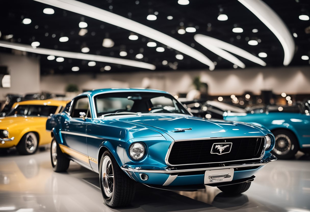 The Mustang Mach-E sits in a museum, surrounded by other classic cars. Its sleek design and electric power hint at a new era for the iconic muscle car