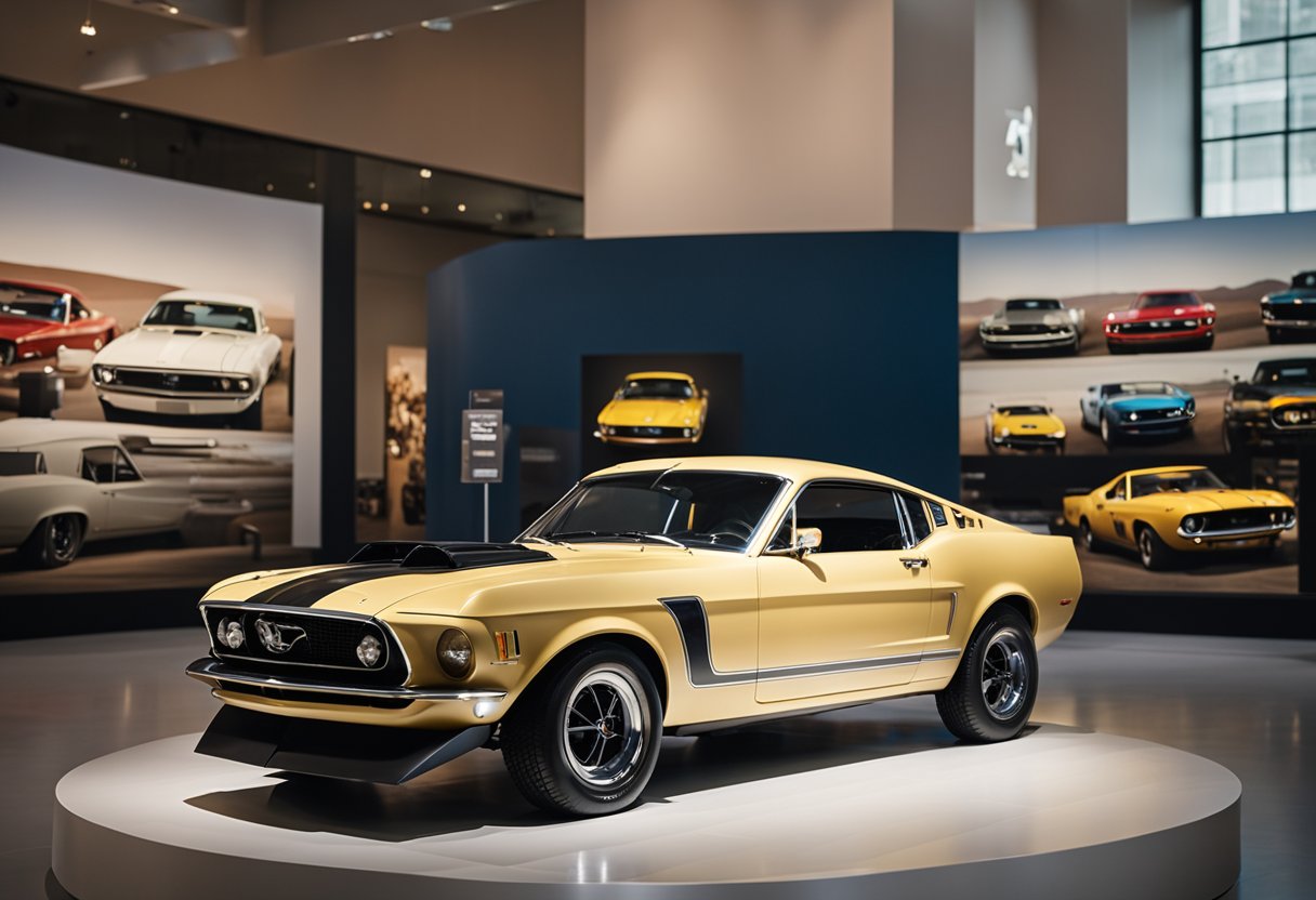 The iconic Mustang Mach-E sits among artifacts in a museum, symbolizing its cultural impact and transition from a powerful muscle car to a revered museum piece