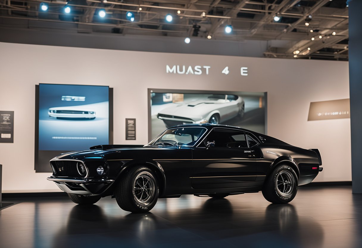 A sleek Mustang Mach-E sits on a rotating platform in the center of a dimly lit museum exhibit. Spotlights highlight its curves and features, while informational plaques detail its transition from a muscle car to a museum piece