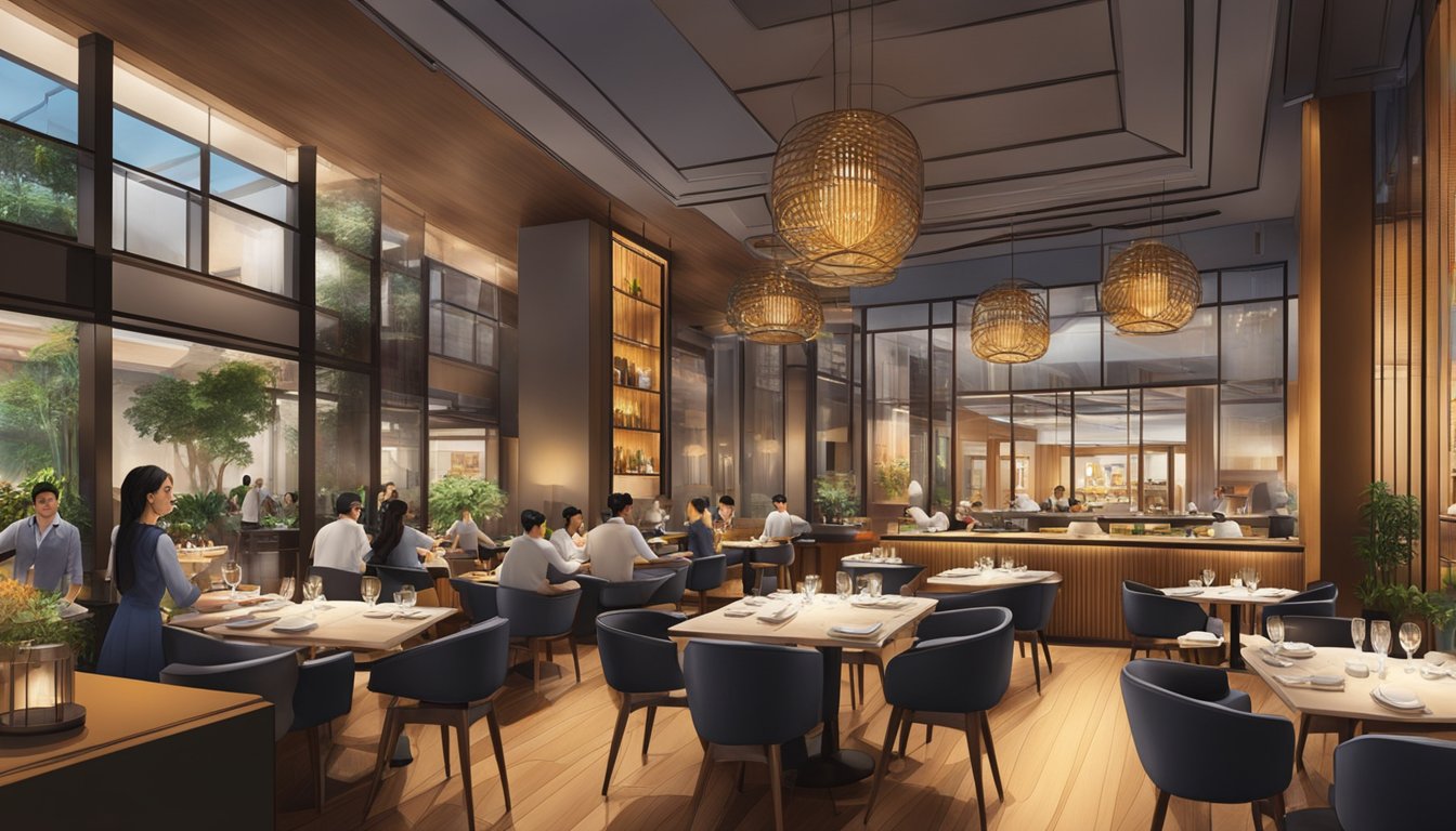 The bustling Ember Restaurant in Singapore, with its warm and inviting ambiance, features a modern open kitchen, elegant dining tables, and a vibrant display of culinary delights