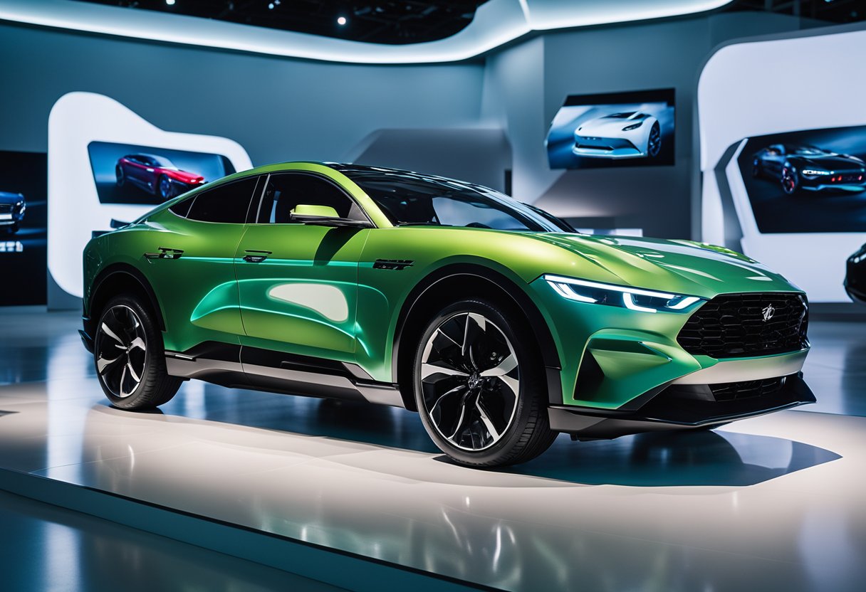 A sleek Mustang Mach-E sits in a futuristic museum exhibit, surrounded by interactive displays showcasing sustainability and future trends in automotive technology