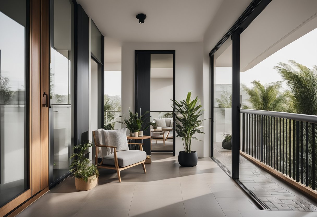 A modern balcony seamlessly connects to the living room with sleek door and window designs